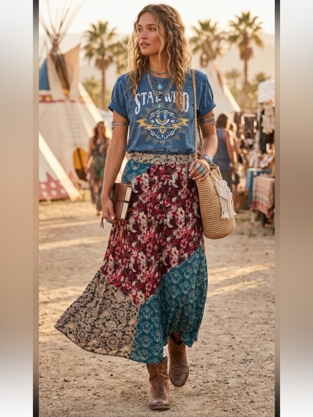 Natural Life Skirt Women's Size Medium Patchwork Floral Maxi Long Line Pull On